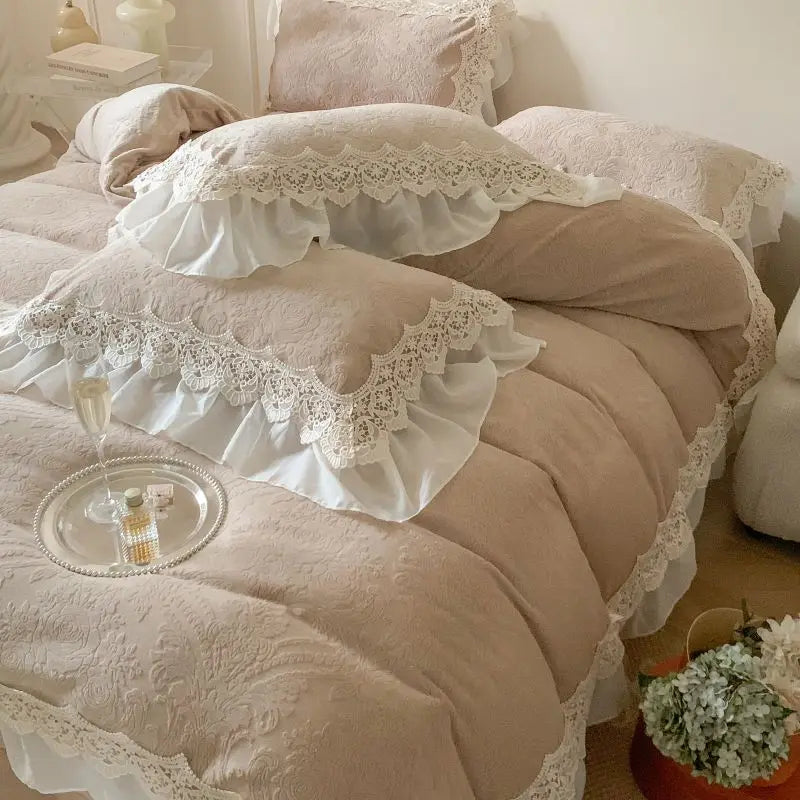 Afralia™ French Lace Ruffles Velvet Bedding Set, Furry Duvet, Sheet, Pillowcases
