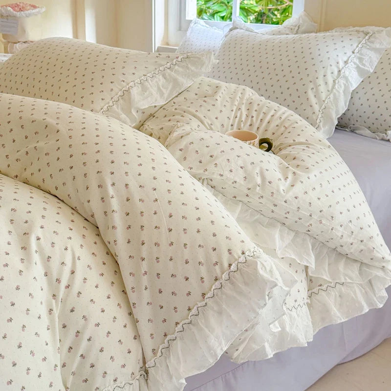Afralia™ Floral Lace Ruffle Cotton Bedding Set with Quilt Cover, Duvet Cover, and Pillowcases