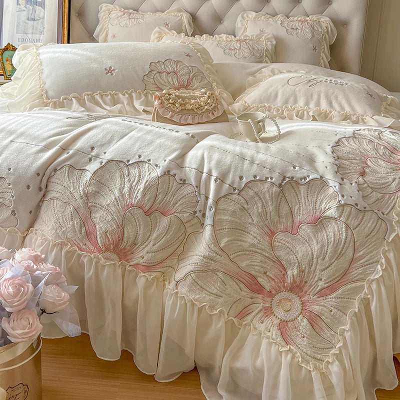 Afralia™ French Princess Wedding Bedding Set, Lace Ruffles, Flowers Embroidery.