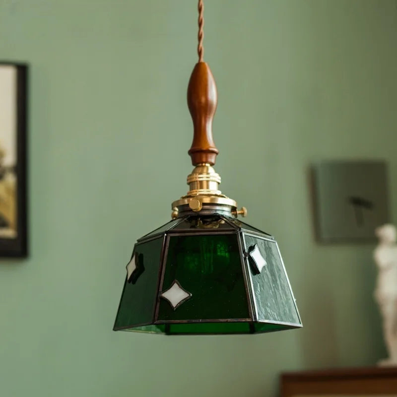 Afralia™ Vintage Glass Copper Wood LED Pendant Lights for Bedside Dining Living Room