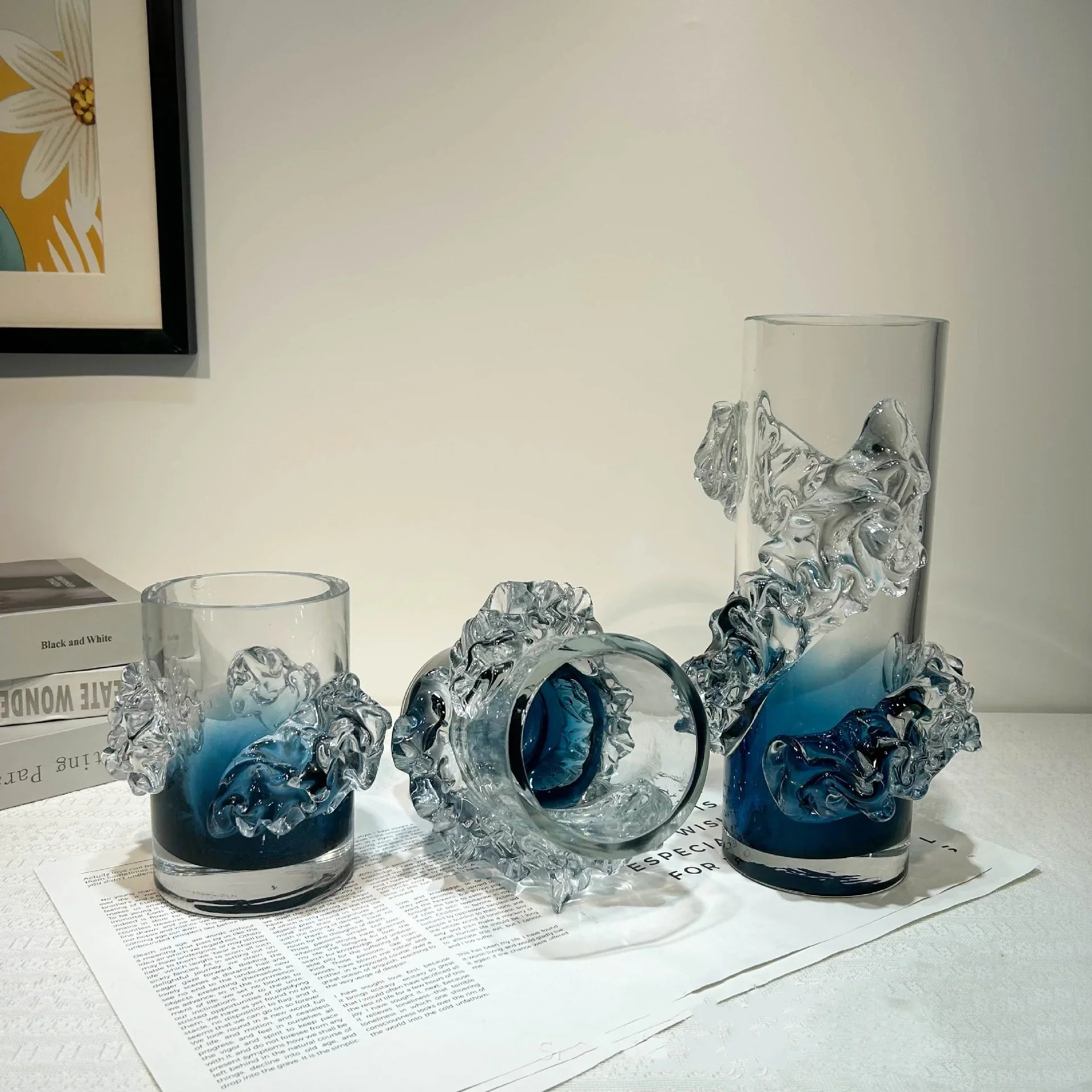 Afralia™ Blue Gradient Wavy Glass Vase for Floral Arrangements and Room Decor