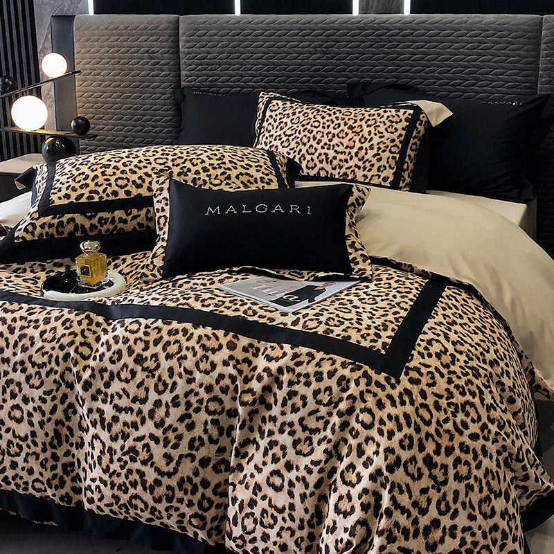Afralia™ Leopard Print Lyocell Cotton Bedding Set, Luxury Duvet Cover, Sheet & Pillowcases