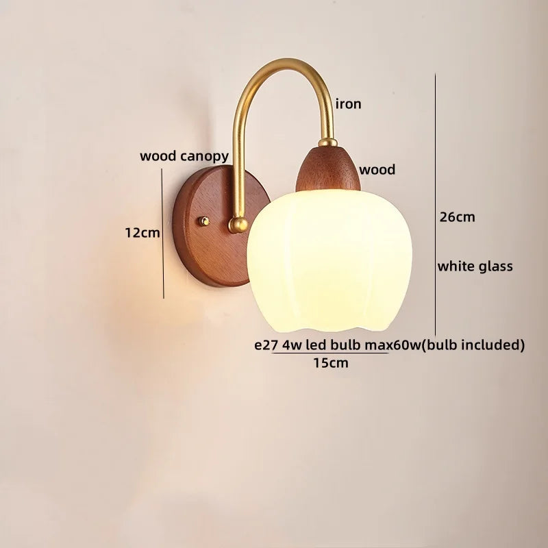 Afralia™ Wood Glass LED Wall Light Modern Bedside Lamp for Living Room & Bedroom