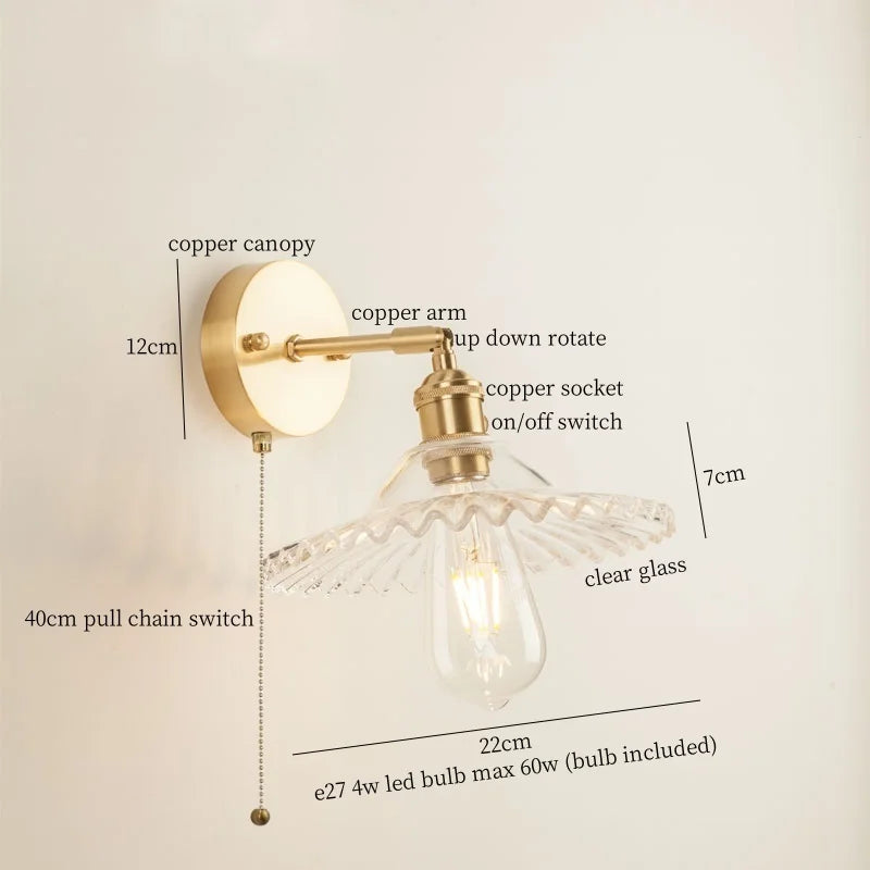 Afralia™ Green Glass LED Wall Light Fixture | Modern Nordic Pull Chain Lamp