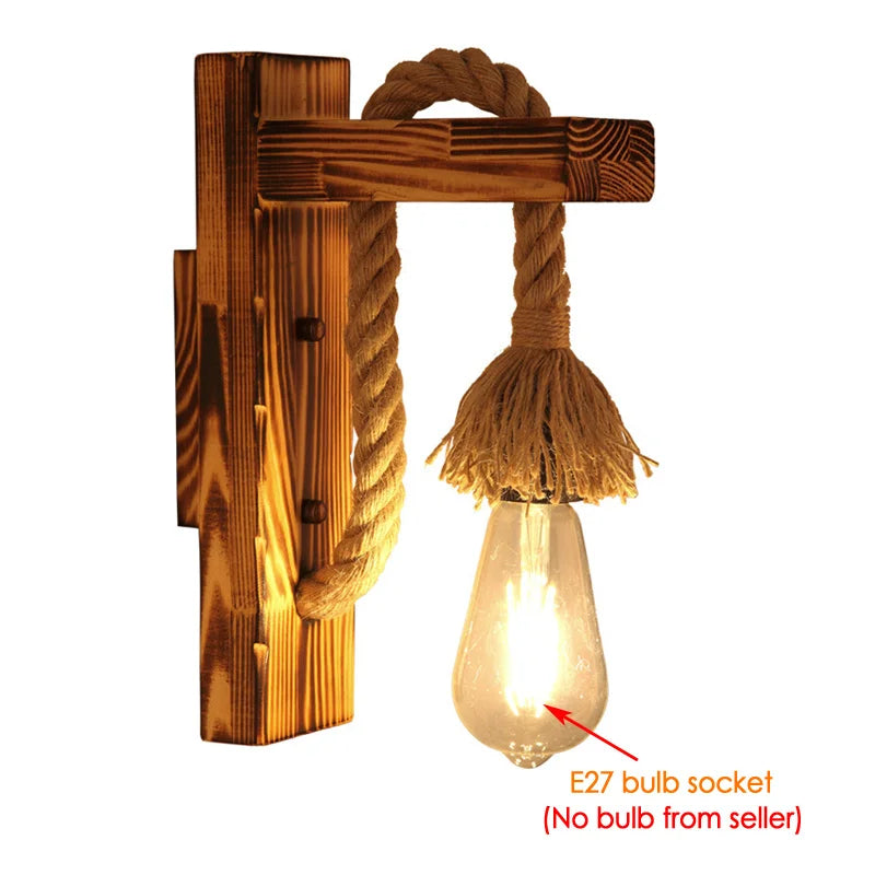 Afralia™ Wood Rope Wall Lamp Vintage Retro Light Bedroom E27 Bedside Decor