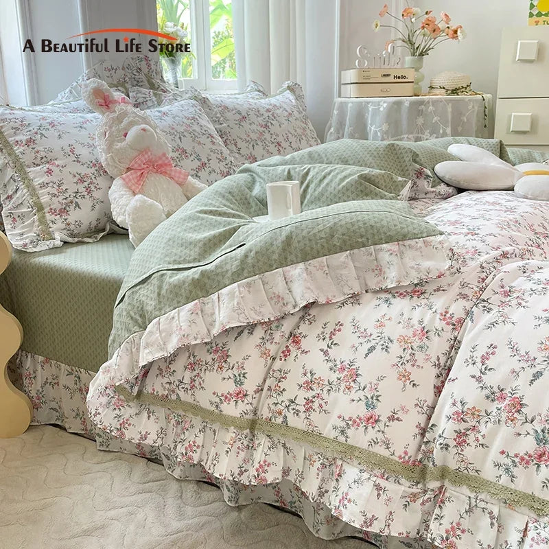 Afralia™ Princess Floral Cotton Bedding Set with Ruffled Edge