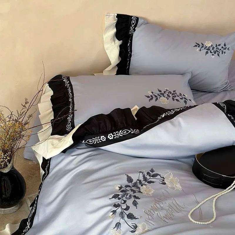 Afralia™ Flowers Embroidery Ruffles Cotton Bedding Set with Duvet Cover, Sheet, Pillowcases