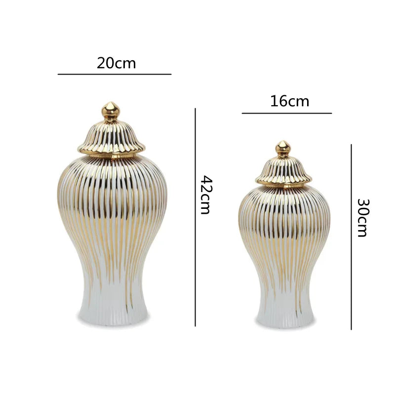 Afralia™ Gold Striped Ceramic Jar Vase Hand-made Porcelain Home Decor Storage