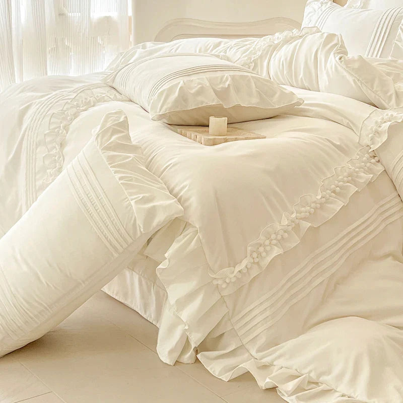 Afralia™ Princess Ruffles Bedding Set: Duvet Cover, Bed Sheet, Pillowcases - Cream White Color