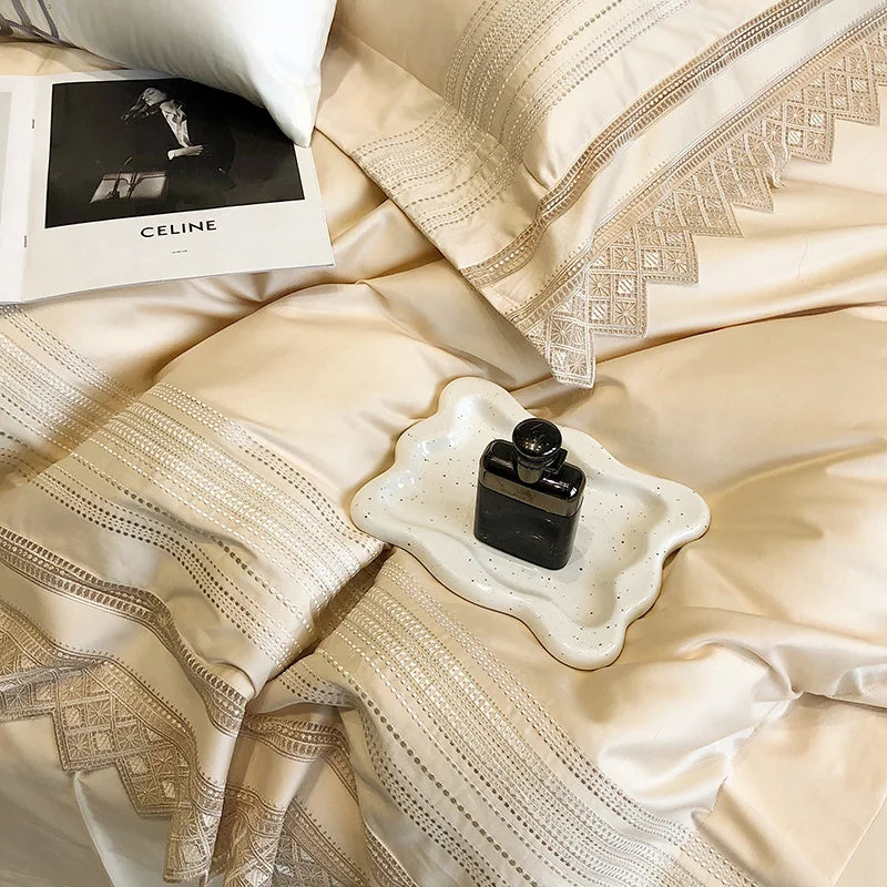 Afralia™ Champagne Embroidered Lace Bedding Set with 1000TC Egyptian Cotton Duvet Cover & Sheet