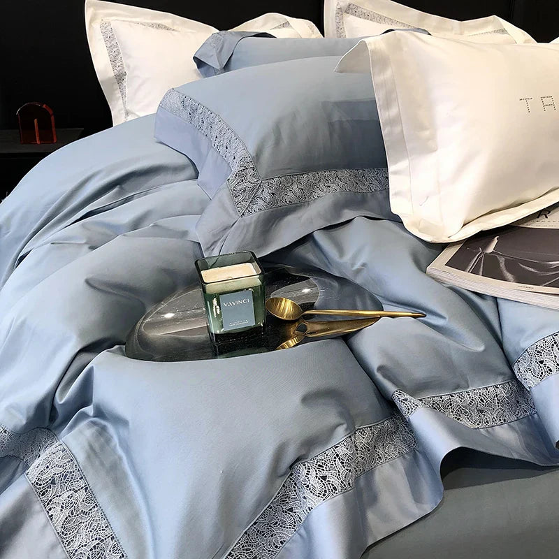 Afralia™ Grey Hollow Lace 1000TC Egyptian Cotton Bedding Set with Wide Edge