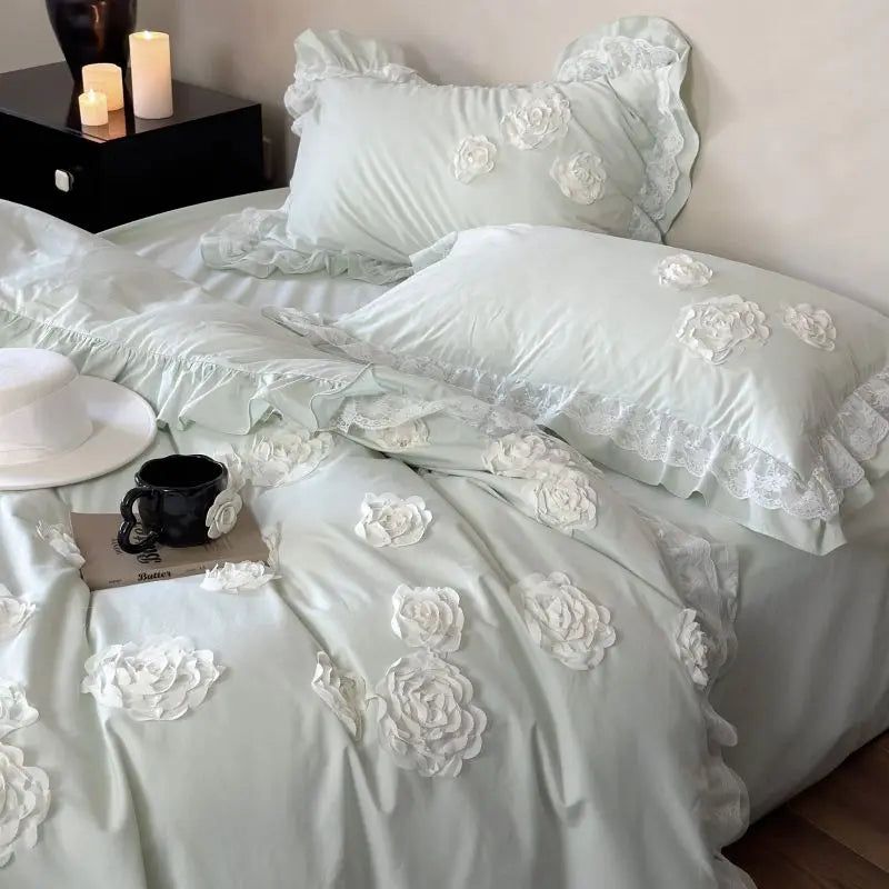 Afralia™ Pink Flowers Ruffles Princess Wedding Bedding Set - Soft Washed Cotton