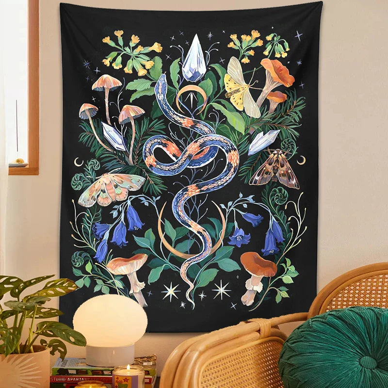 Mushroom Snake Tapestry Wall Hanging Hippie Boho Room Decor by Afralia™