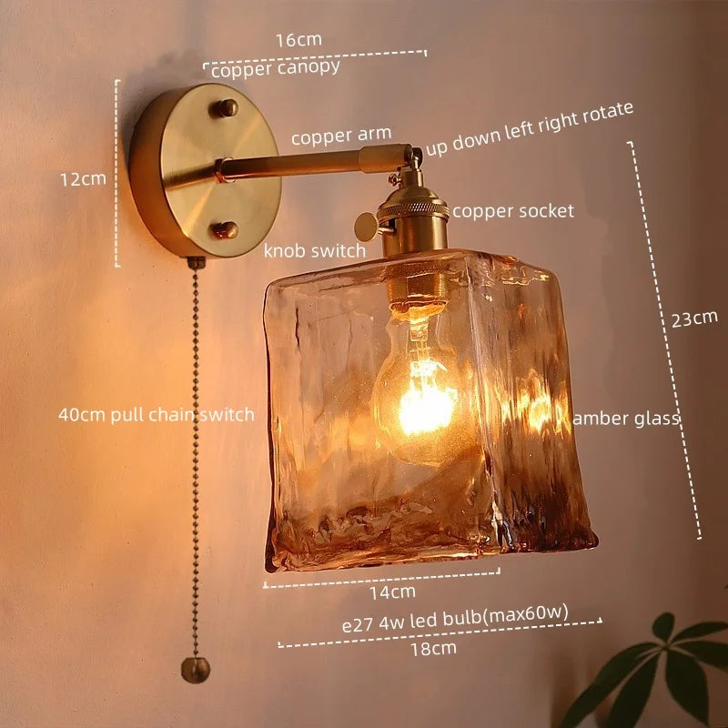 Afralia™ Japanese Style LED Wall Lamps Living Room Coffee Balcony Stair Light Copper Glass