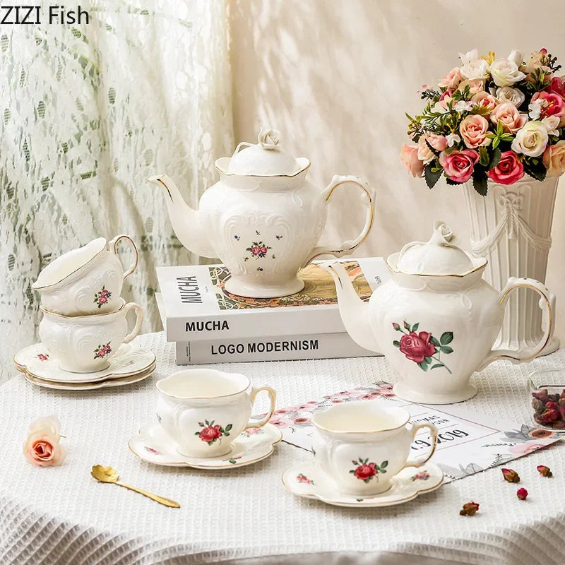 Afralia™ Ceramic Tea Set Dining Table Elegant Floral Collection