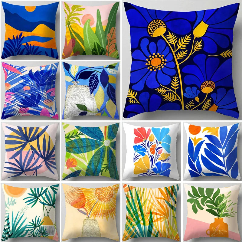 Afralia™ Blue Flower Leaves Pattern Pillowcase - Nordic Style Living Room Cushion Cover