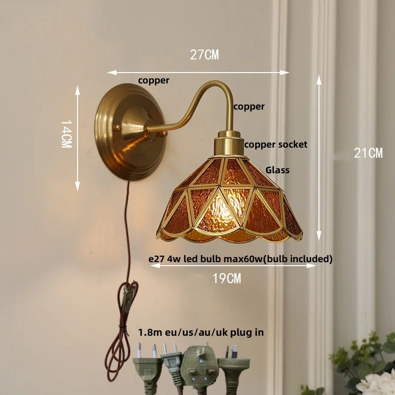 Afralia™ Green Glass LED Wall Sconce Copper Knob Switch Vintage Loft Stair Light