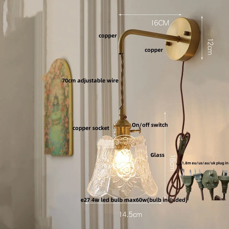 Afralia™ Modern Clear Glass LED Wall Light with Pull Chain Switch, Adjustable Wire & Copper Wall Lamps