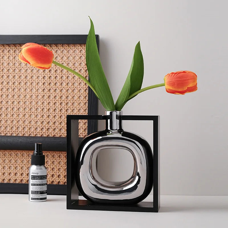 Afralia™ Silver Ceramic Cutout Frame Vase: Home Decor Terrarium Flower Arrangement