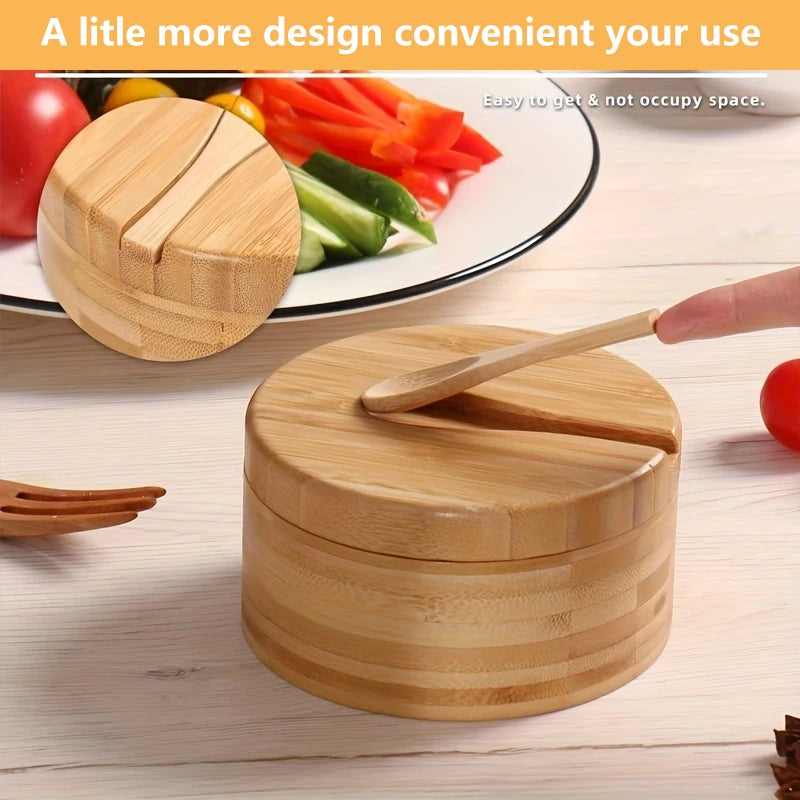 Afralia™ Bamboo Seasoning Box with Spoon - Rotating Cover Spice Container