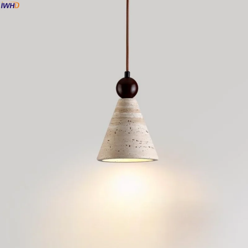 Afralia™ Wood Stone LED Pendant Lamp Yellow Travertine Vintage Hanging Luminaria