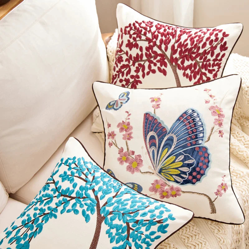 Afralia™ Butterfly Tree Embroidered Cushion Cover for Office Sofa & Home Decoration.