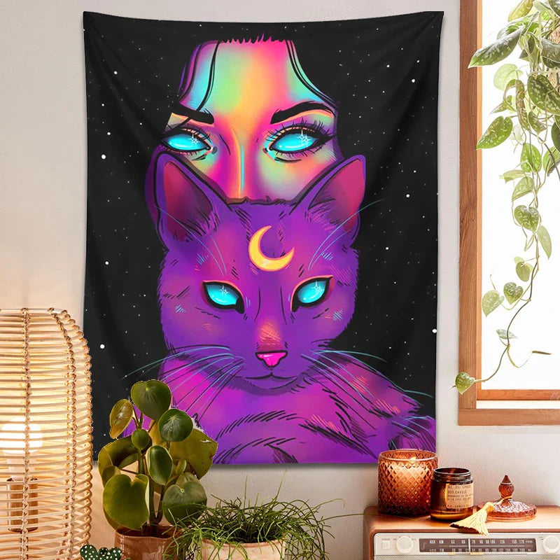 Psychedelic Cat Tapestry Wall Hanging for Bohemian Home Decor by Afralia™