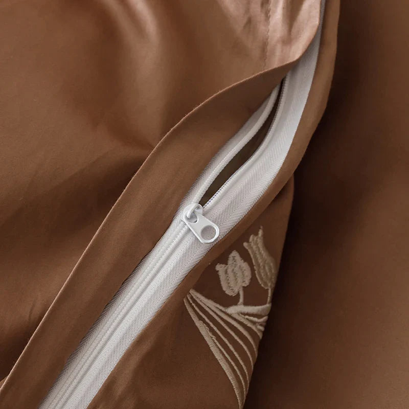 Afralia™ Elegant Lily of the Valley Embroidery Brown Cotton Bedding Set