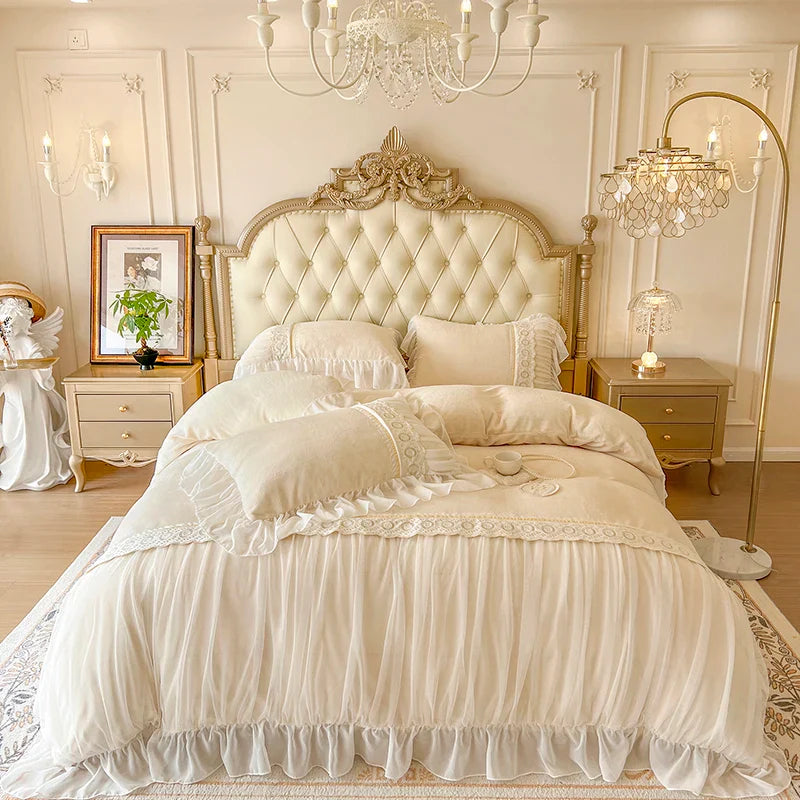 Afralia™ Velvet Fleece Princess Bedding Set with French Pleat Lace Ruffles, Plush & Warm