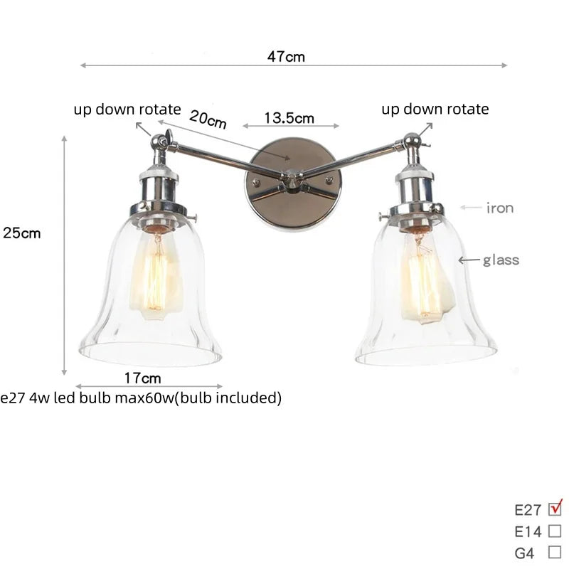 Afralia™ Retro LED Wall Light with Pull Chain Switch, 2 Heads Sconce for Living Room