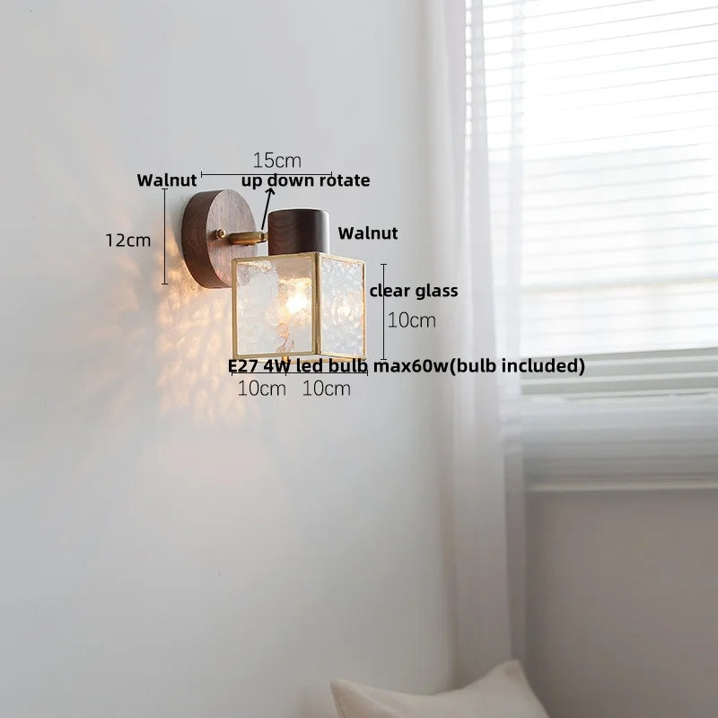 Afralia™ Modern Walnut Wood LED Wall Light Fixture Glass Bedroom Living Room Sconce