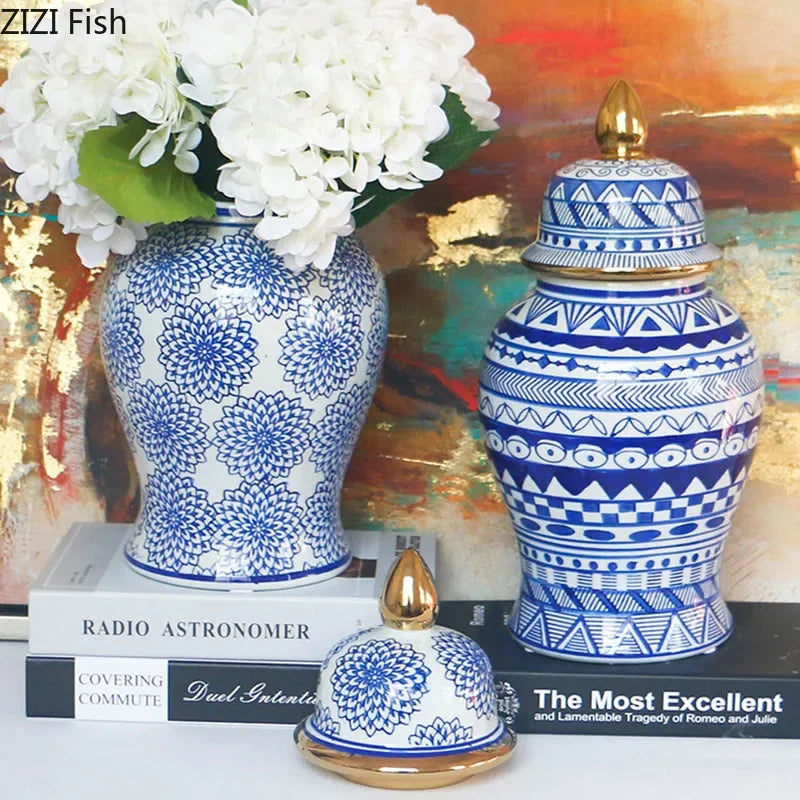 Afralia™ Blue & White Porcelain Ginger Jar: Retro Tea Caddy Vase Desk Decoration