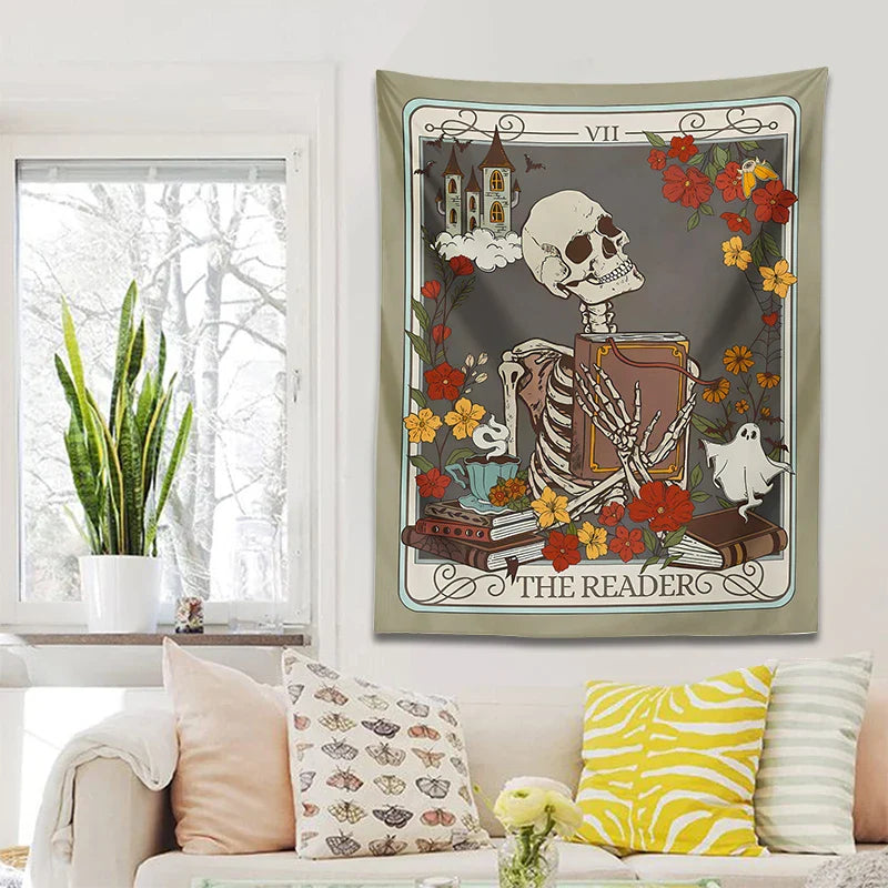 Afralia™ Reader Tarot Card Tapestry: Mystical Skeleton Wall Hanging for Home Decor