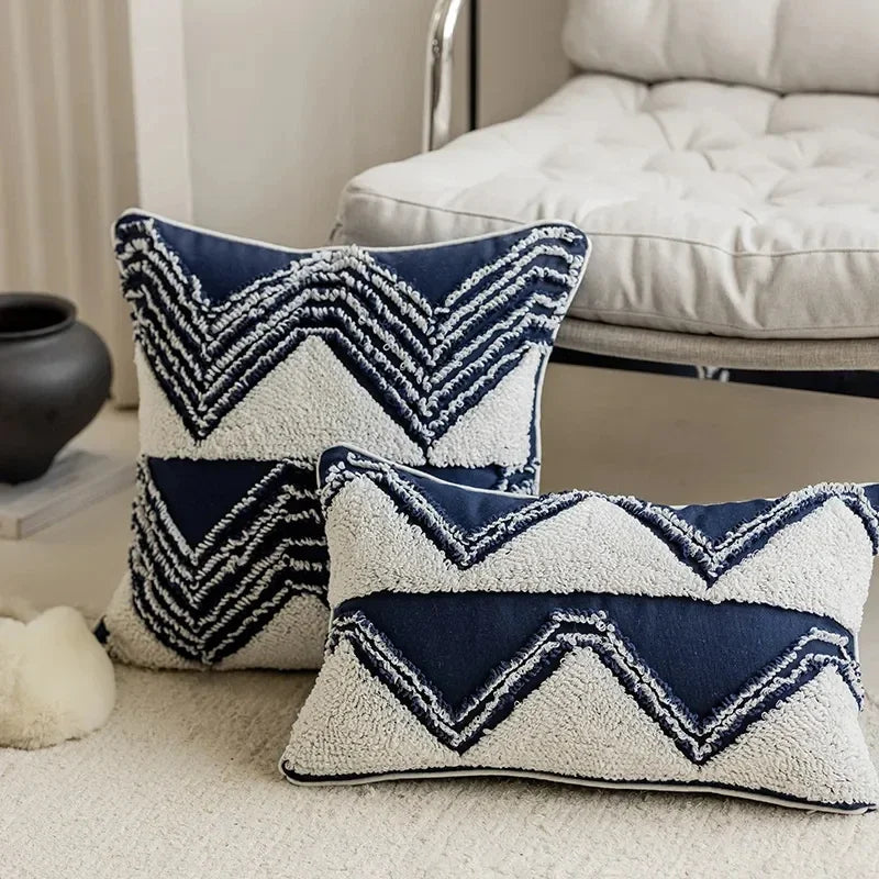 Afralia™ Navy Blue Tufted Geometric Loop Tassel Patchwork Pillow Covers for Sofa