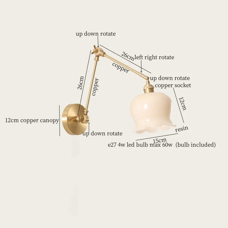 Afralia™ Cream Resin LED Wall Lights Pull Chain Switch Copper French Vintage Wandlamp