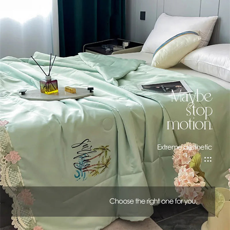 Afralia™ Lace Edge Flowers Embroidery Cool Blanket for Bed - Machine Washable Summer Quilt