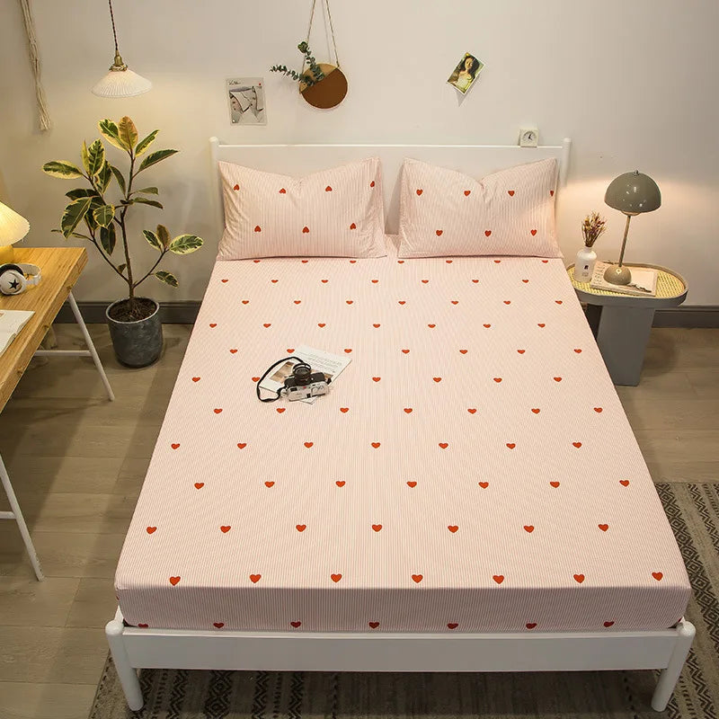 Afralia™ Fashion Flowers Print Cotton Fitted Sheet Single Piece Queen Size, Soft Pink Bed Linen