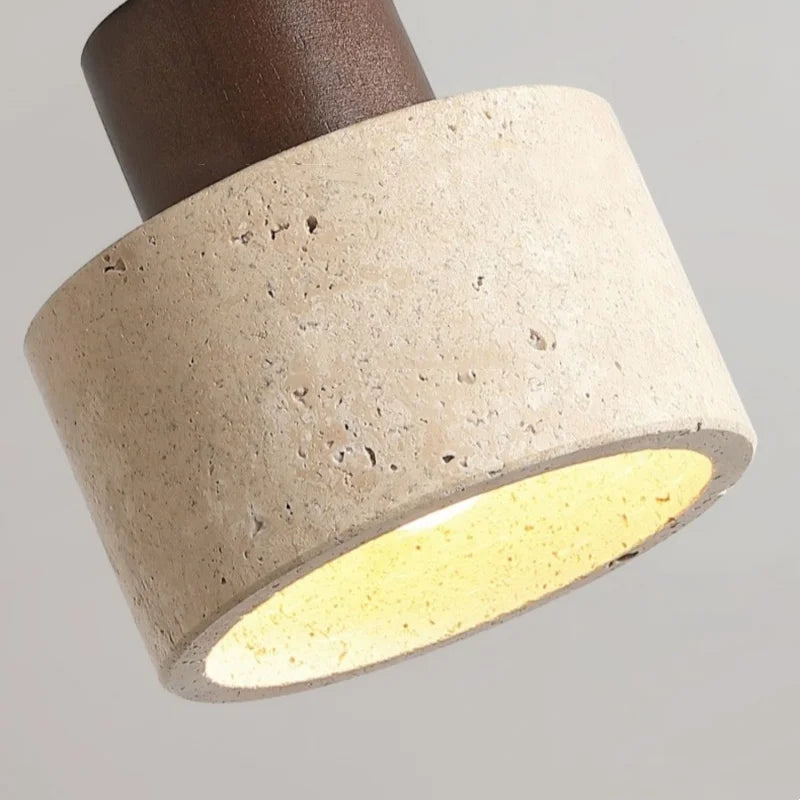 Afralia™ Japan Style LED Ceiling Light Yellow Travertine Stone Wood Base Bedroom Luminaire.