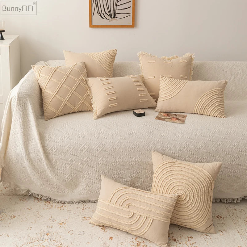 Afralia™ Tassel Accent Pillow Cover - Beige Cotton Linen for Home Sofa Living Room