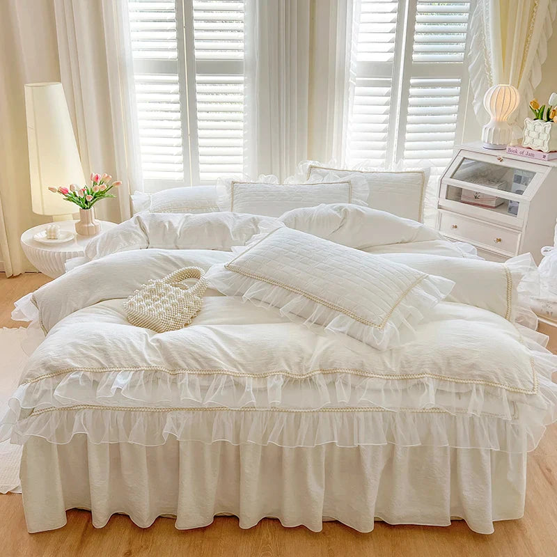 Afralia™ Seersucker Princess Bedding Set with Lace Ruffles - 4Pcs