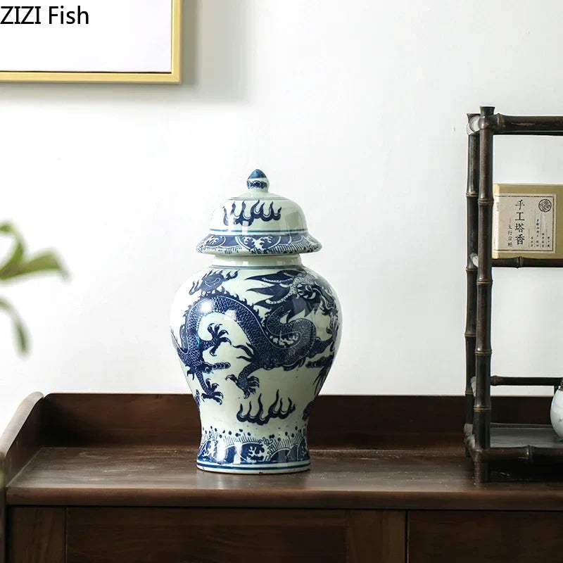 Afralia™ Blue White Porcelain General Jar: Ceramic Tea Caddy Candy Pot Storage Container