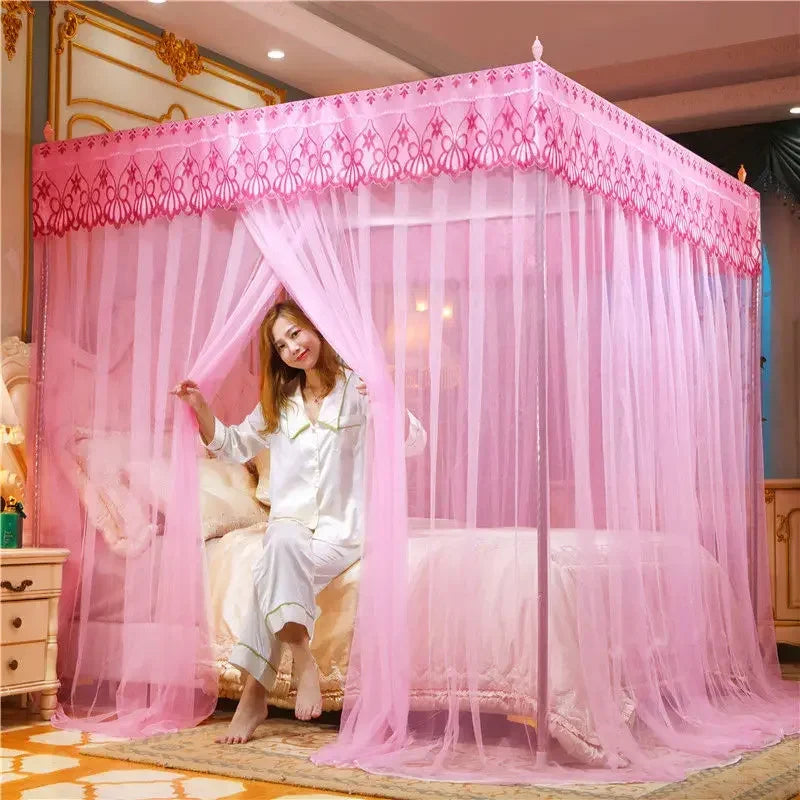 Afralia™ Mosquito Net Canopy for Queen Double Bed - Lace Pleated Embroidery Square