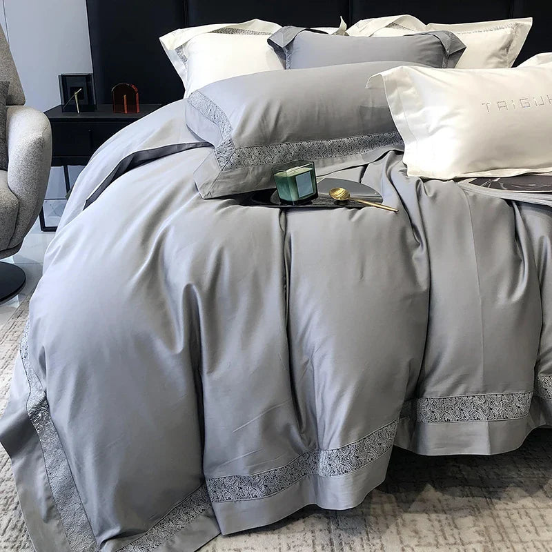 Afralia™ Grey Hollow Lace 1000TC Egyptian Cotton Bedding Set with Wide Edge