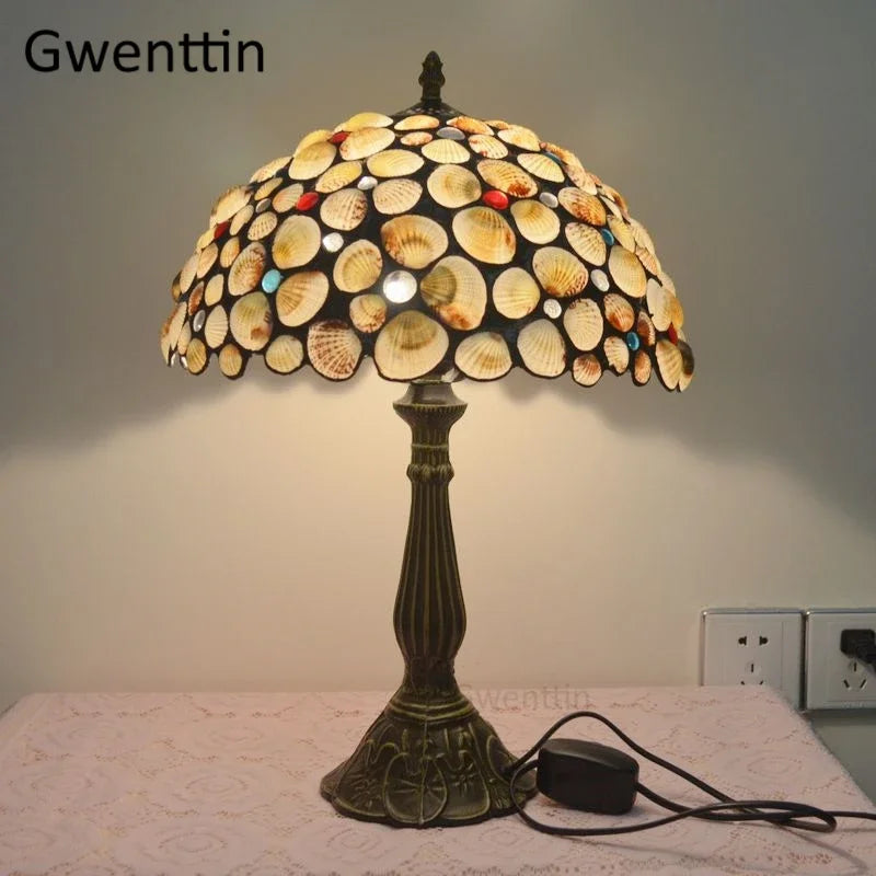 Afralia™ Stained Glass Shell Tiffany Table Lamp for Home Bedroom Lighting Fixtures