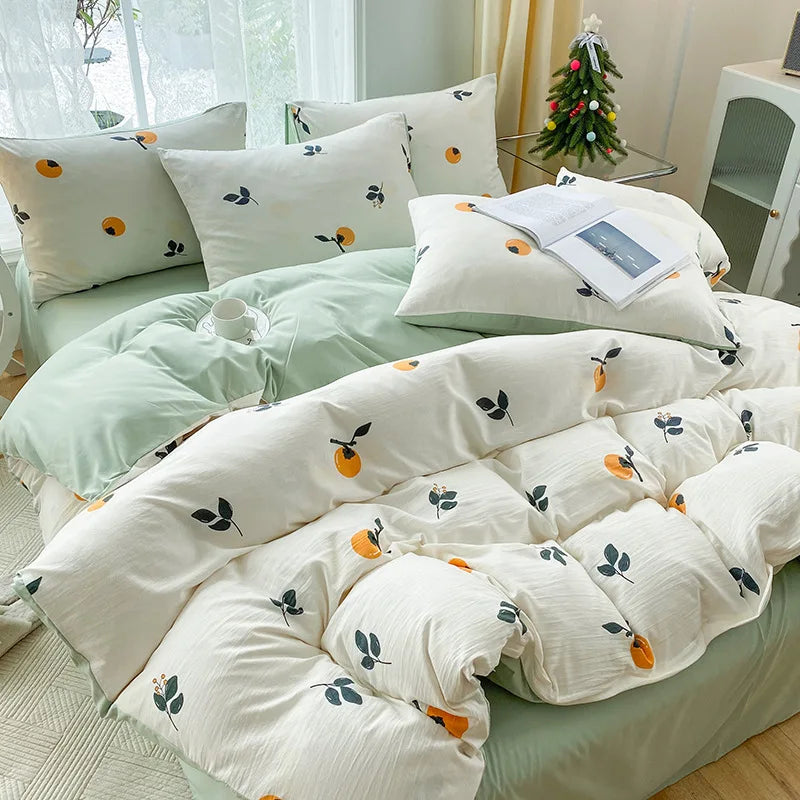 Afralia™ Cartoon Heart Plant Floral Print 3Pcs Set (Duvet Cover + Pillowcases)