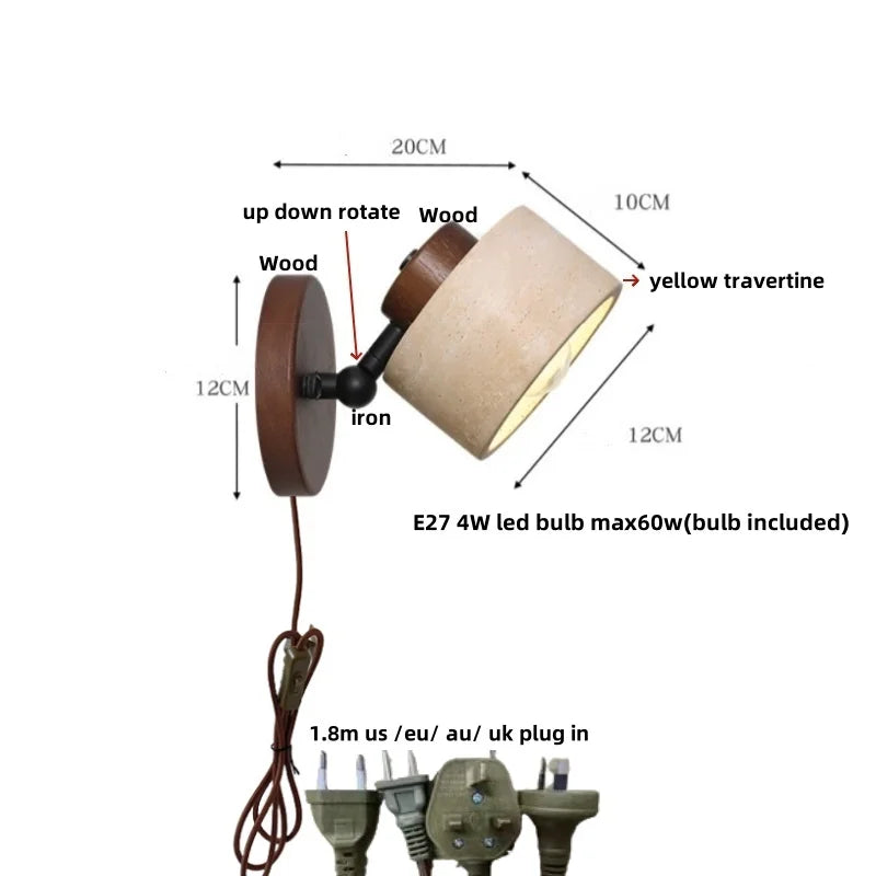 Afralia™ Iron Rotate LED Wall Light Sconce Yellow Travertine: Modern Nordic Bedroom Lamp
