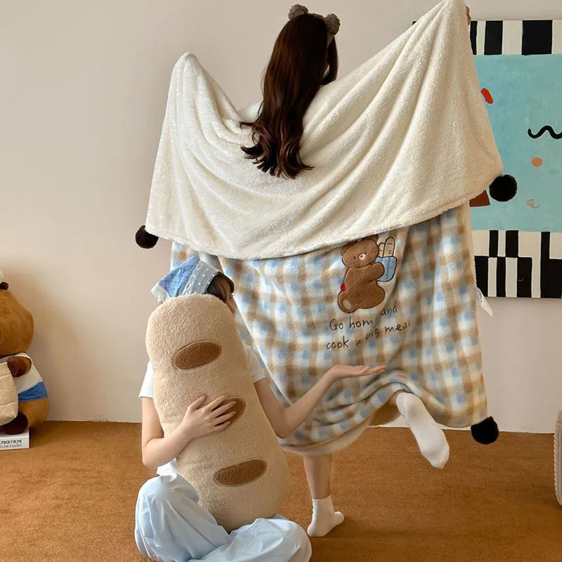 Afralia™ Cartoon Patch Woolen Blanket with Fur Balls for Single Bed