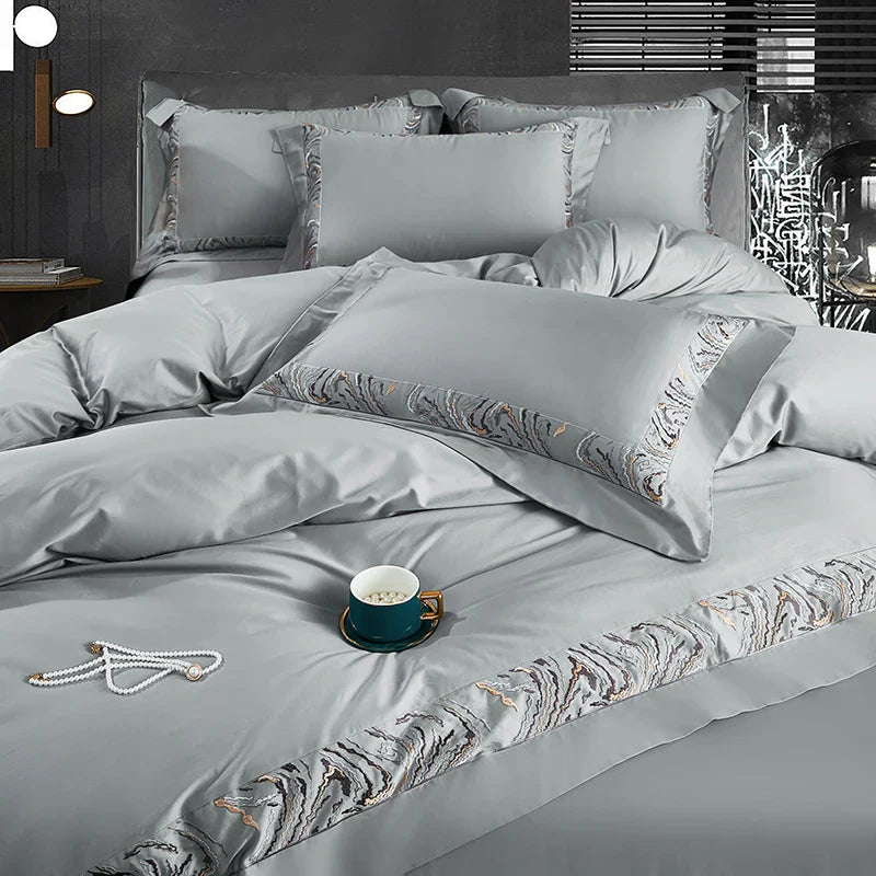 Afralia™ Zebra Print Embroidery Bedding Set 800TC Egyptian Cotton Grey Orange, Duvet Cover Flat Sheet Pillowcases