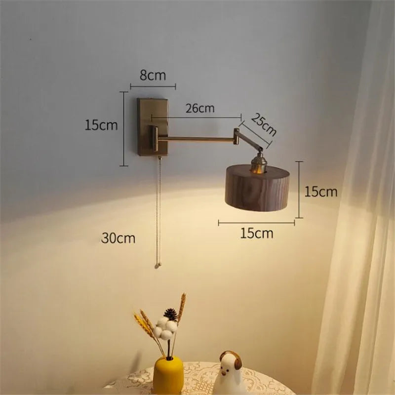 Afralia™ Wooden Lampshade Wall Sconce with Pull Chain Switch for Bedroom Bathroom Mirror