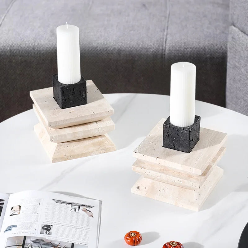 Travertine Marble Candle Holder by Afralia™ - Elegant Table Centerpiece & Home Decor